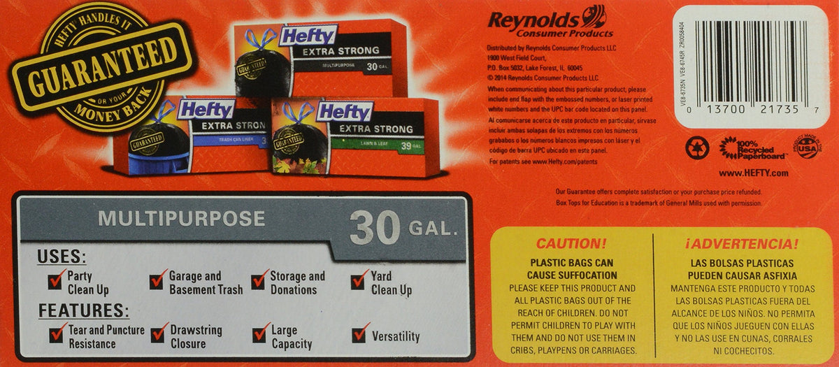 Strong Multipurpose Large Black Garbage Bags - 30 Gallon by Hefty – 28 Count (Pack of 1), 30.0 gallons, Plastic, Black, Model E8-6735
