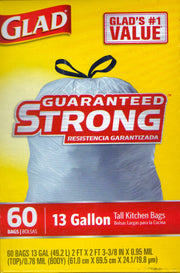 Tall Kitchen Drawstring Trash Bags With Reinforcing Bands 13 Gal 60 Ct by Glad – 1 Count (Pack of 60), 13.0 gallons, Plastic, White, Pack of 60