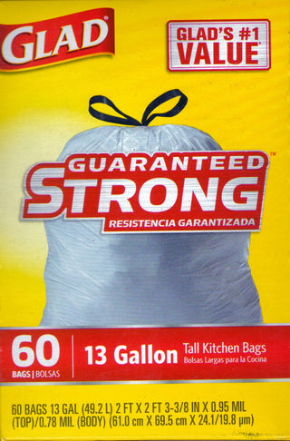 Tall Kitchen Drawstring Trash Bags With Reinforcing Bands 13 Gal 60 Ct by Glad – 1 Count (Pack of 60), 13.0 gallons, Plastic, White, Pack of 60