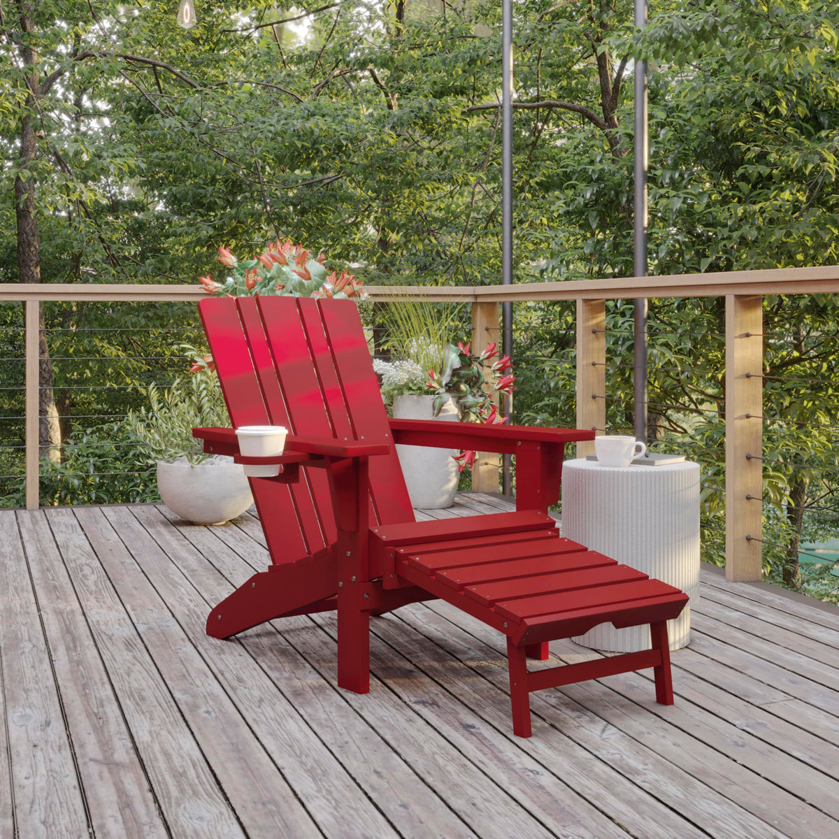 Halifax Poly Resin Adirondack Chair with Cup Holder and Pull Out Ottoman by Flash Furniture – Set of 2, Plastic: Polyethylene (HDPE), Red, Pack of 2, Model 2-LE-HMP-1045-110-RD-GG