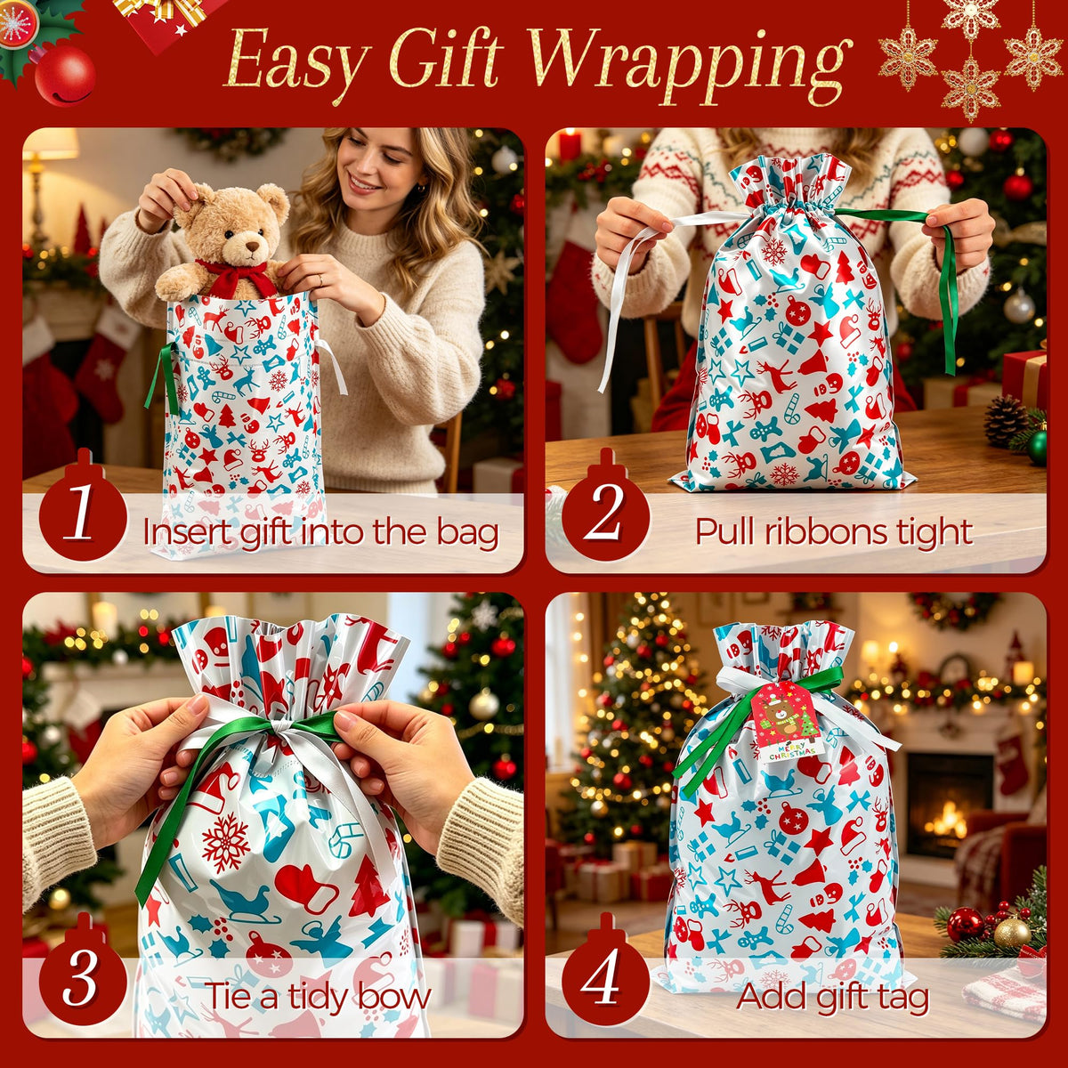 Diamerd Christmas Drawstring Gift Bags, 38 Piece Assorted Sizes, Red Green Blue