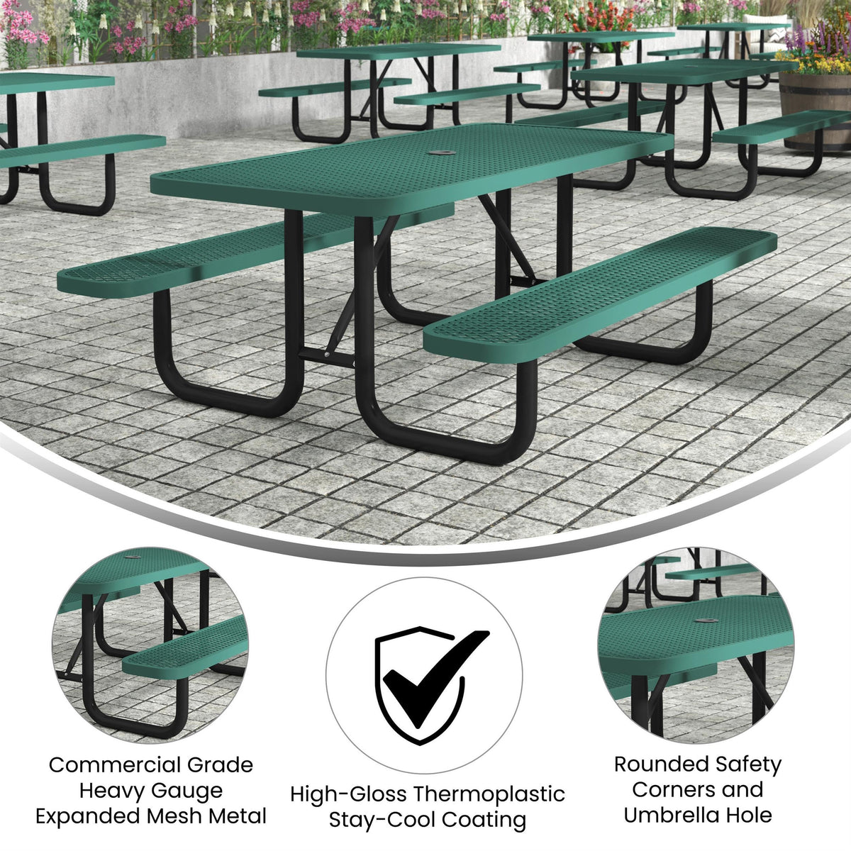 Commercial 6' Rectangular Expanded Mesh Metal Picnic Table with Anchors - Green by Flash Furniture – Steel, Green, Model SLF-EML72-H48L-GN-GG