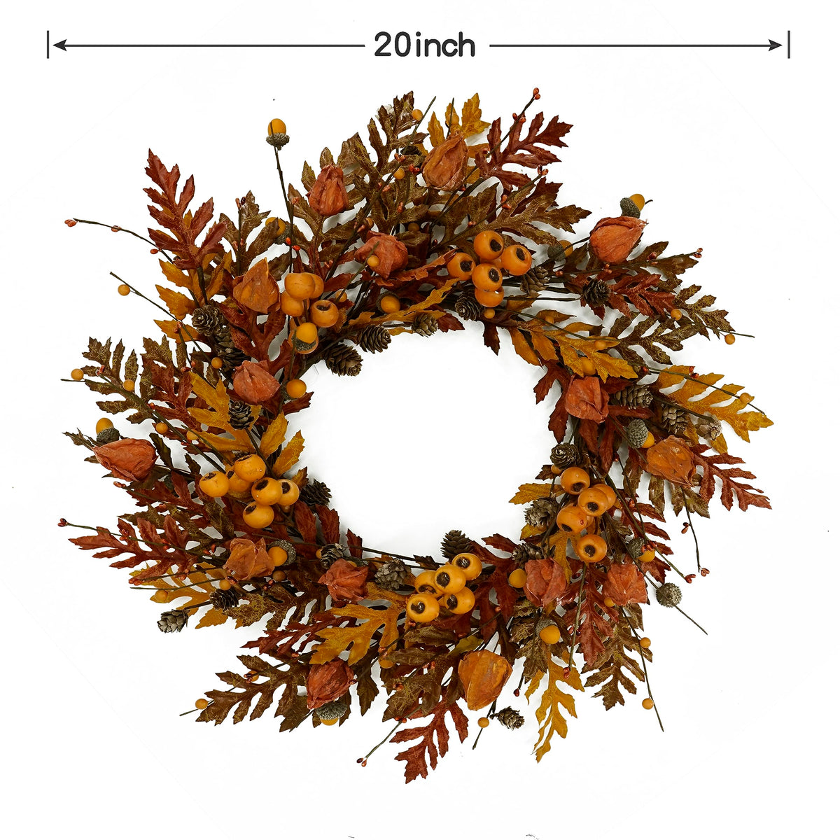 WreathDream Fall Wreath, 20 Inch Oak Leaves with Acorns and Pine Cones, Brown Oak Leaves