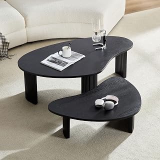 50" Modern Irregular Coffee Table, Round Coffee Table with Staggered Height, Mesa De Centro para Sala with Easy Assembly for Living Room Office, Black
