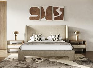 Emilio Modern Beige Upholstered Eastern King Bed, 100% Polyester Fabric, Solid Rubberwood and Manufactured Wood Frame, Walnut Legs