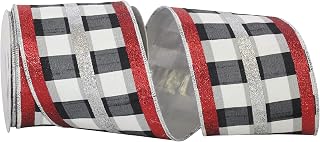 Reliant Ribbon Gingham Check Deluxe Dupione Glitter Tri-stripes Wired Edge Ribbon, 4 Inch X 5 Yards, Multi