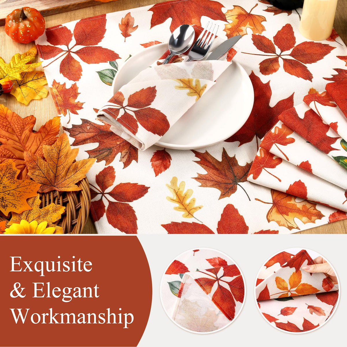 Kochorie Cloth Napkins, 18 x 18 Inch Poly Cotton Blend, Autumn Maple Leaf Print Set of 24