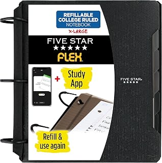 Five Star Flex Refillable Notebook + Study App, College Ruled Paper and 1-1/2 Inch TechLock Ring Binder with Pockets, Tabs and Dividers, 300 Sheet Capacity, Black (29324AA2)