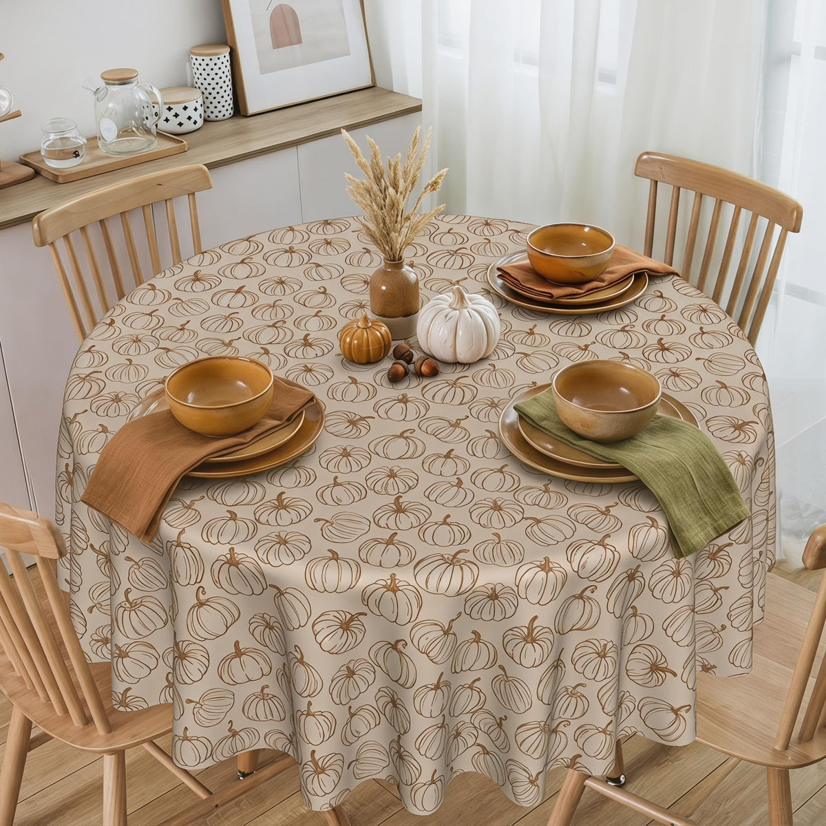 JNDJE Round Tablecloth, 60 Inch Diameter, Fall Pumpkins