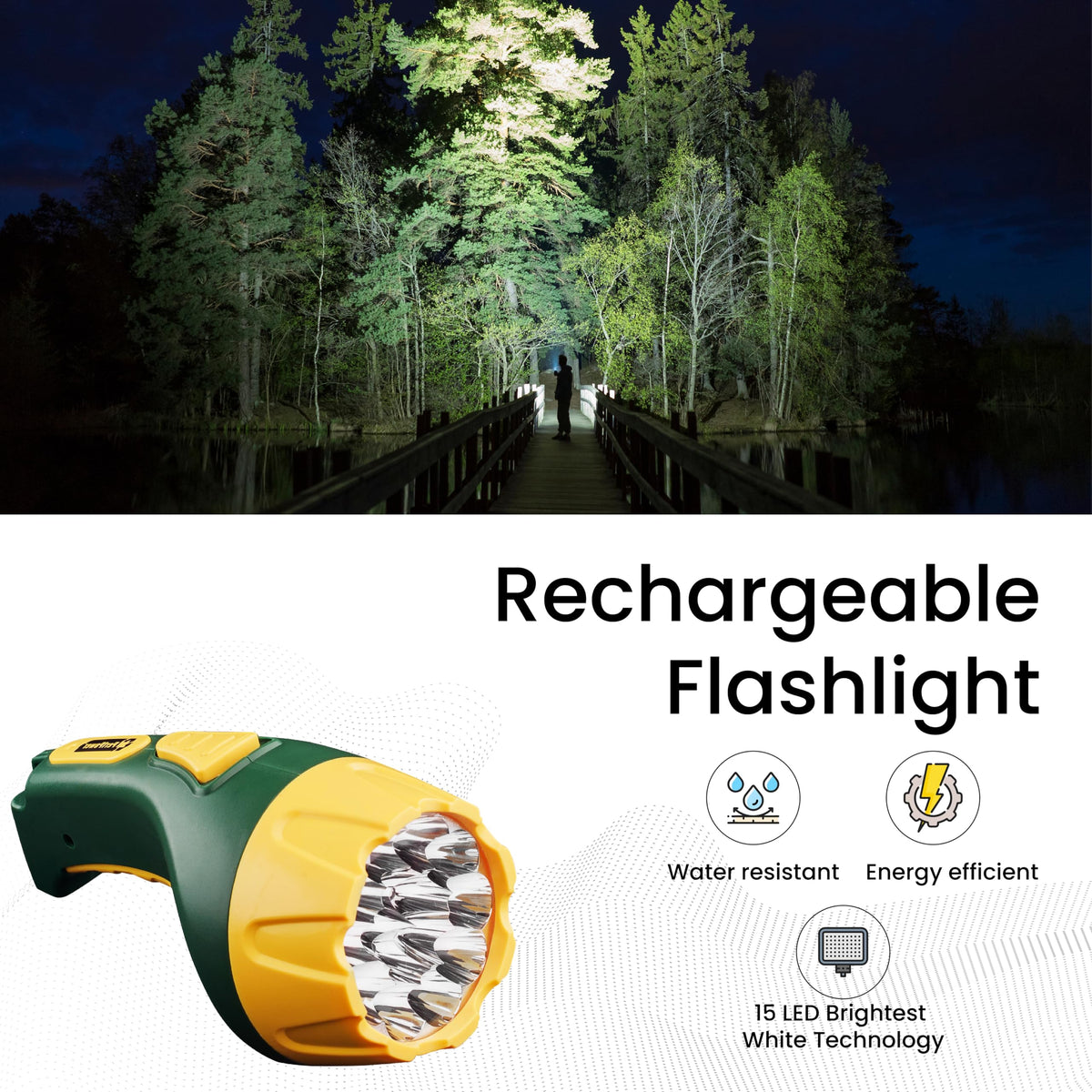 GoGreen Power () 15 LED Rechargeable Flashlight by Power By GoGreen – 1 EA, Plastic, Yellow/Green, Model GG-113-15RC