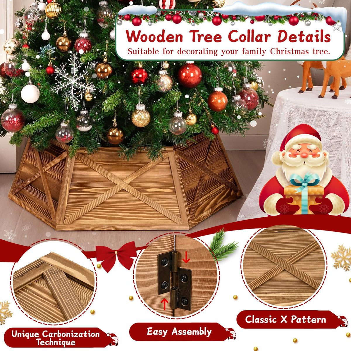 AtawLege Wooden Tree Collar, 27 Inch Hexagon Base Cover, Vintage Natural Wood