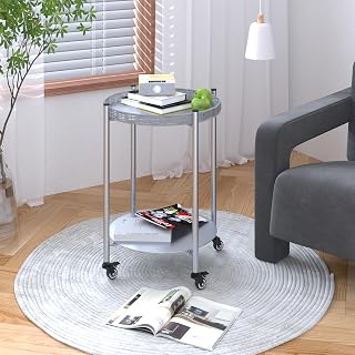 Small Round Coffee Table for Living Room, Center Table with Wheels, Mesa de Centro para Sala, Cocktail Table, 2-Tier Movable Living Room Tables for Sofa, Silver Gray