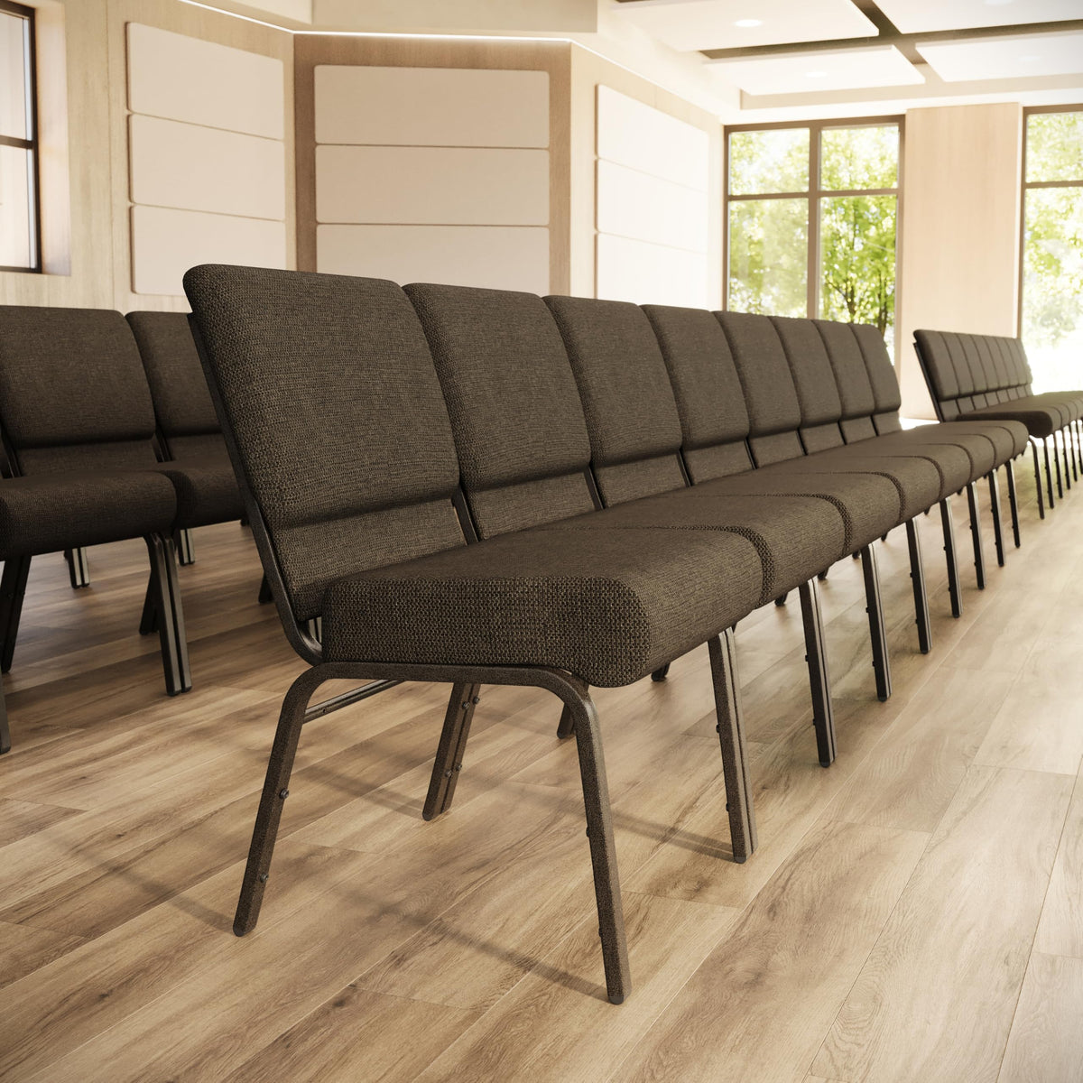 HERCULES Series 21''W Stacking Church Chair in Brown Fabric - Gold Vein Frame by Flash Furniture – Set of 1, Fabric, Steel, Model FD-CH0221-4-GV-S0819-GG