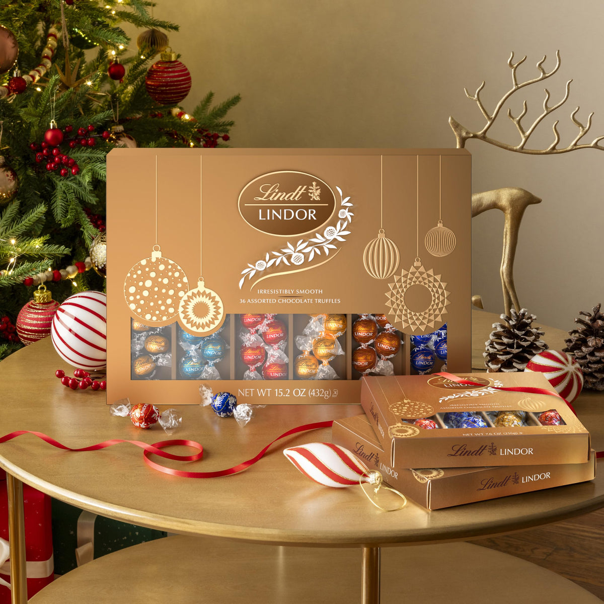 LINDOR Holiday Deluxe Assorted Chocolate Candy Truffles Gift Box by Lindt – 0.42 Ounce (Pack of 36), Pack of 36