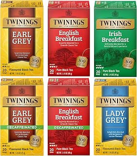 Twinings Tea Variety 6-Pack – Earl Grey, English Breakfast, Irish Breakfast, Decaffeinated Earl Grey, Decaffeinated English Breakfast, Lady Grey Tea Bags, 20 Count Each
