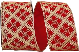 Reliant Ribbon Lattice Glitter Velvet Wired Edge Ribbon, 2-1/2 Inch X 10 Yards, Red/gold