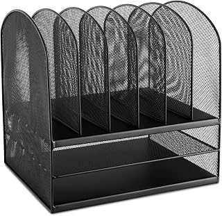 Safco Onyx Desk Organizer, 6 Vertical Compartments and 2 Trays, Office and Classroom Mailbox , Paper and Mail Sorter, Steel Mesh, Black