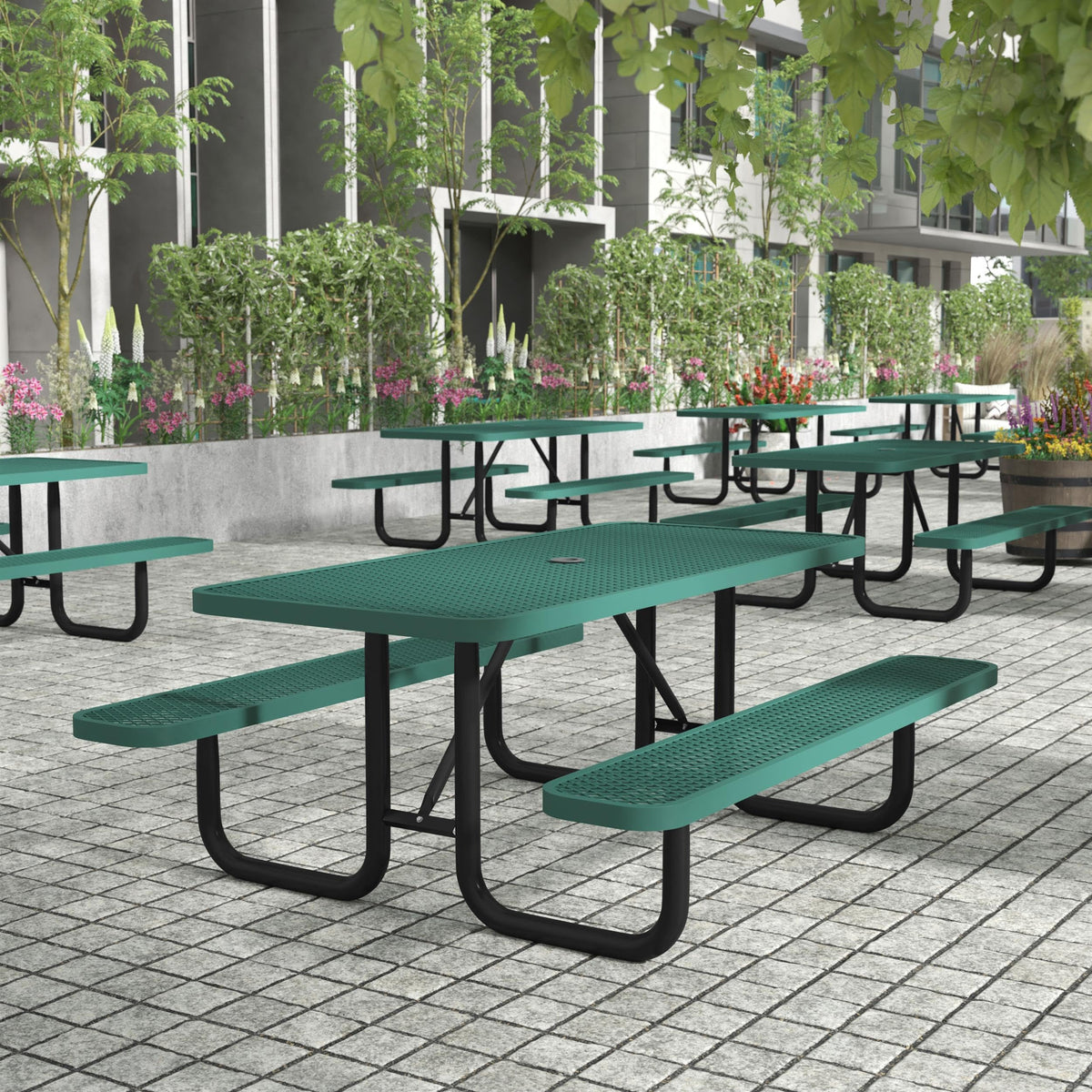 Commercial 6' Rectangular Expanded Mesh Metal Picnic Table with Anchors - Green by Flash Furniture – Steel, Green, Model SLF-EML72-H48L-GN-GG