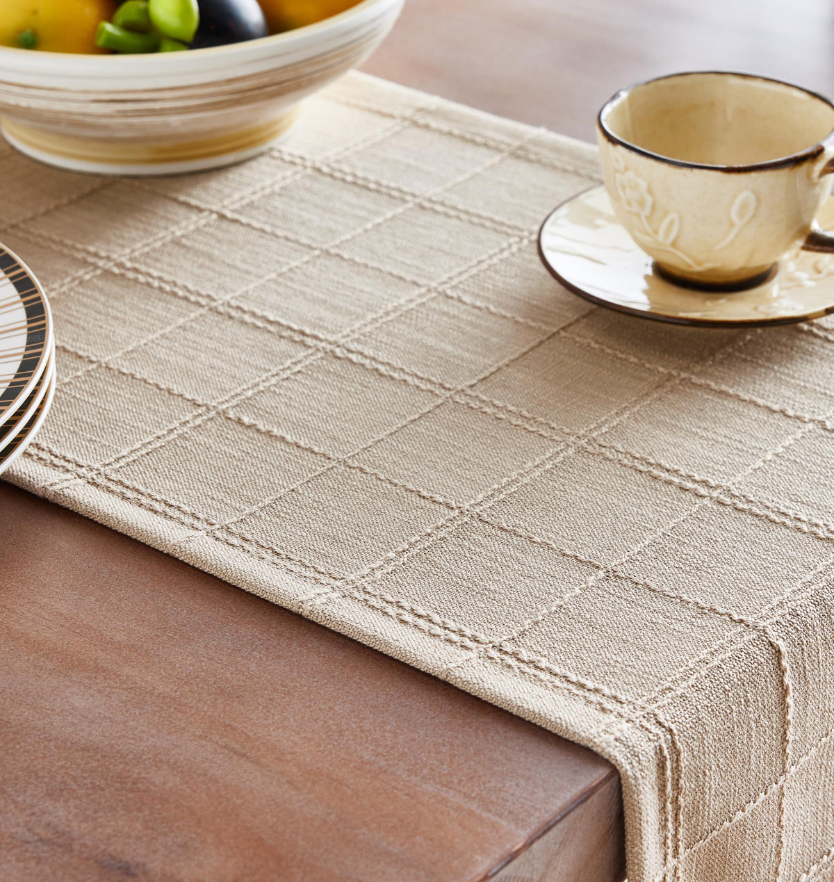 ZeeMart Plaid Linen Blend Table Runner, 13 x 72 Inches, Beige