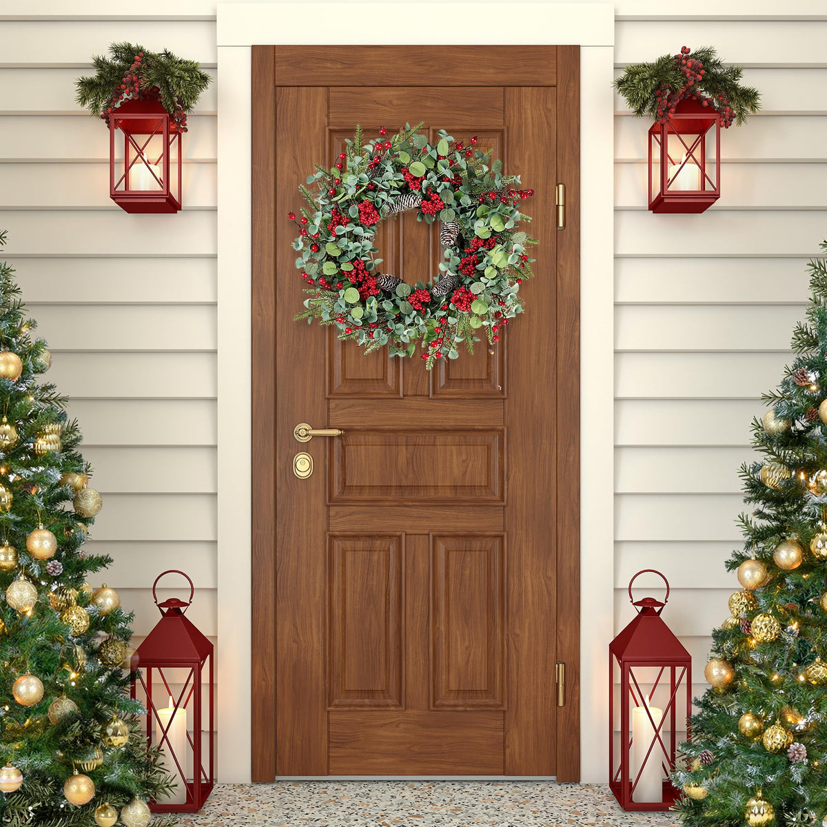 Sggvecsy Artificial Christmas Wreath, 22 Inch Diameter, Red Berry with Pine Cones