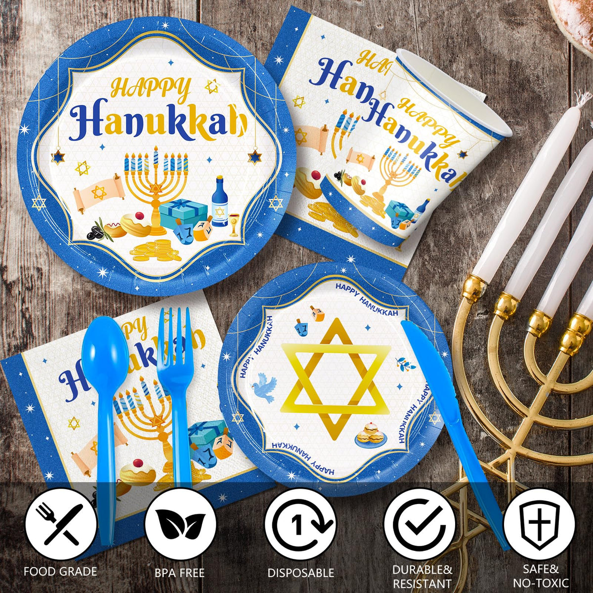 JVORFDG Hanukkah Party Plates And Napkins Set, 168 Pieces For 24 Guests