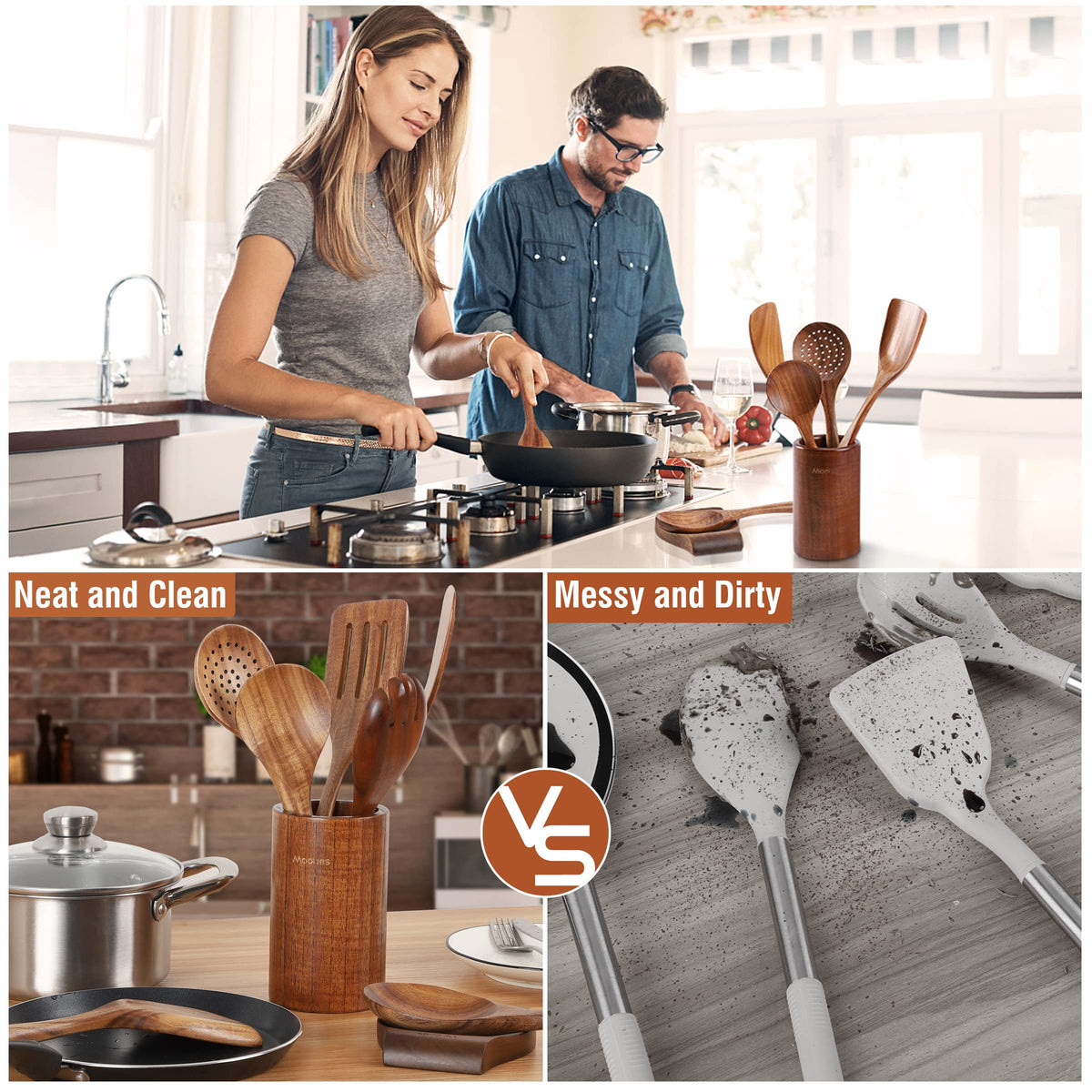 Mooues Teak Wooden Utensil Set, 9 Piece Natural Wood with Holder and Rest