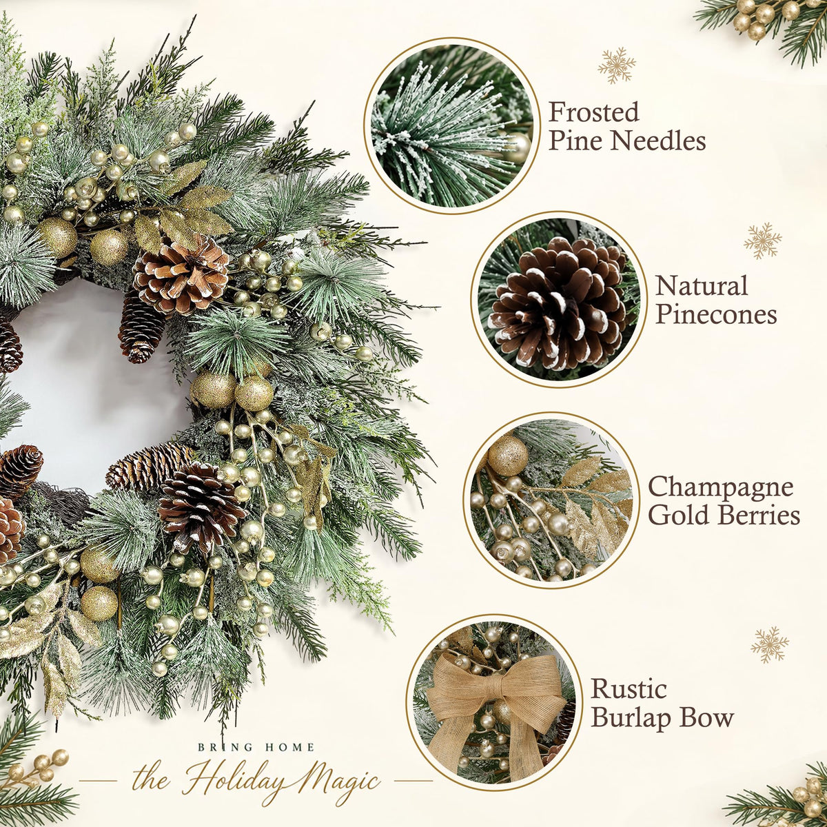 Worthyeah Pine Christmas Wreath, 22 Inch, Vintage Gold