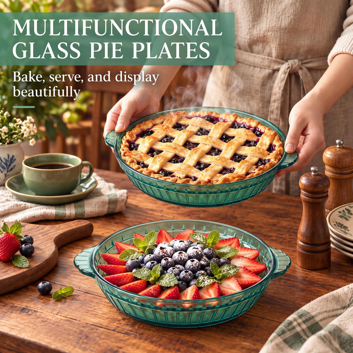 Mifoci Glass Pie Dish, 8 Inch Round Deep Plate with Handles, Green