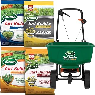 Turf Builder Bundle with Lawn Spreader for Large, Northern Lawns | 4 Bag Lawn Care Bundle with a Scotts Turf Builder EdgeGuard DLX Broadcast Spreader for Seamless Application