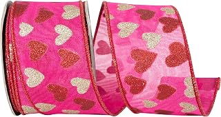 Reliant Ribbon Glitter Hearts Silk Mesh Deluxe Wired Edge, Red/Fucshia, 2-1/2 Inch, 10 Yards