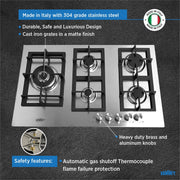 Summit , 34-Inch-Wide 5-Burner Gas Cooktop, Stainless Steel with Sealed Burners, Cast Iron Grates, NG/LPG Conversion Kit, Wok Ring, Flame Failure Protection, Easy to Clean, Cord