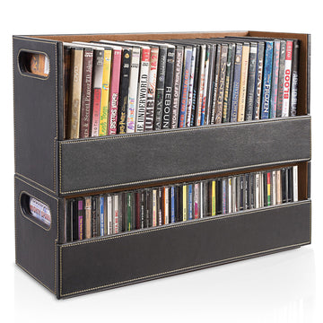 Faux Leather DVD & CD Storage Box - Movie Shelf Organizer for Blu-Ray by Stock Your Home – 17.75 inches (L) x 6.75 inches (H) x 8 inches (D), Faux Leather, Felt, Gray/Espresso