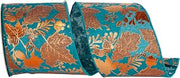 Reliant Ribbon Leaf Raised Metallic Copper Linen Wired Edge, Teal, 4 Inch, 10 Yards