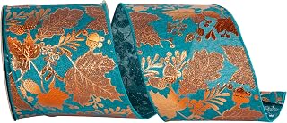 Reliant Ribbon Leaf Raised Metallic Copper Linen Wired Edge, Teal, 4 Inch, 10 Yards