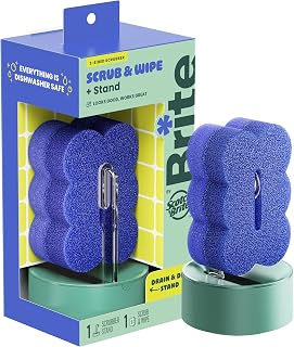 Brite by Scotch-Brite Scrub & Wipe with Drain + Dry Stand, Kitchen Sponge for Washing Dishes, 1 Scrub Sponge