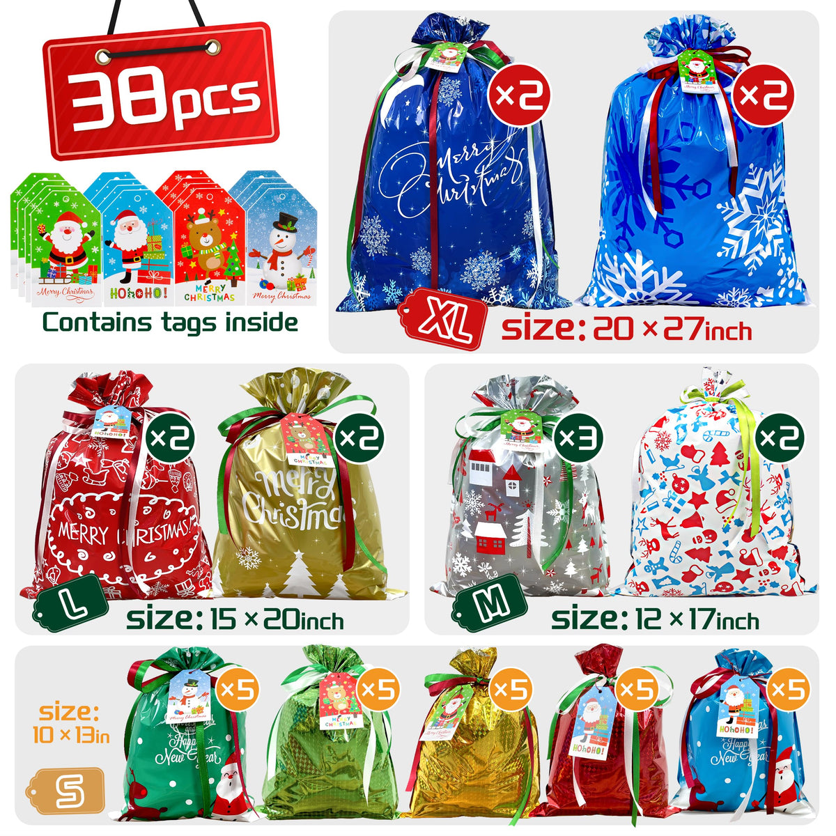 Diamerd Christmas Drawstring Gift Bags, 38 Count Assorted Sizes