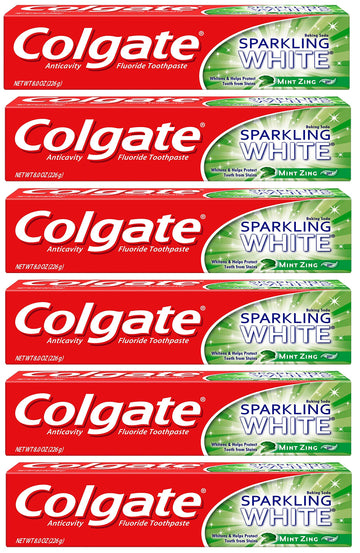 Sparkling White Whitening Toothpaste by Colgate – 8 Ounce (Pack of 6), Plastic, No Color, Pack of 6