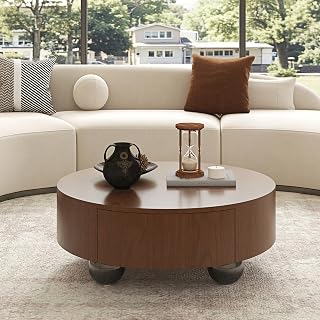 Coffee Tables for Living Room, Mesa de Centro - Mid-Century Modern | Versatile round coffee table with hidden storage, low profile for robot vacuums, safe rounded edges, sturdy metal legs,