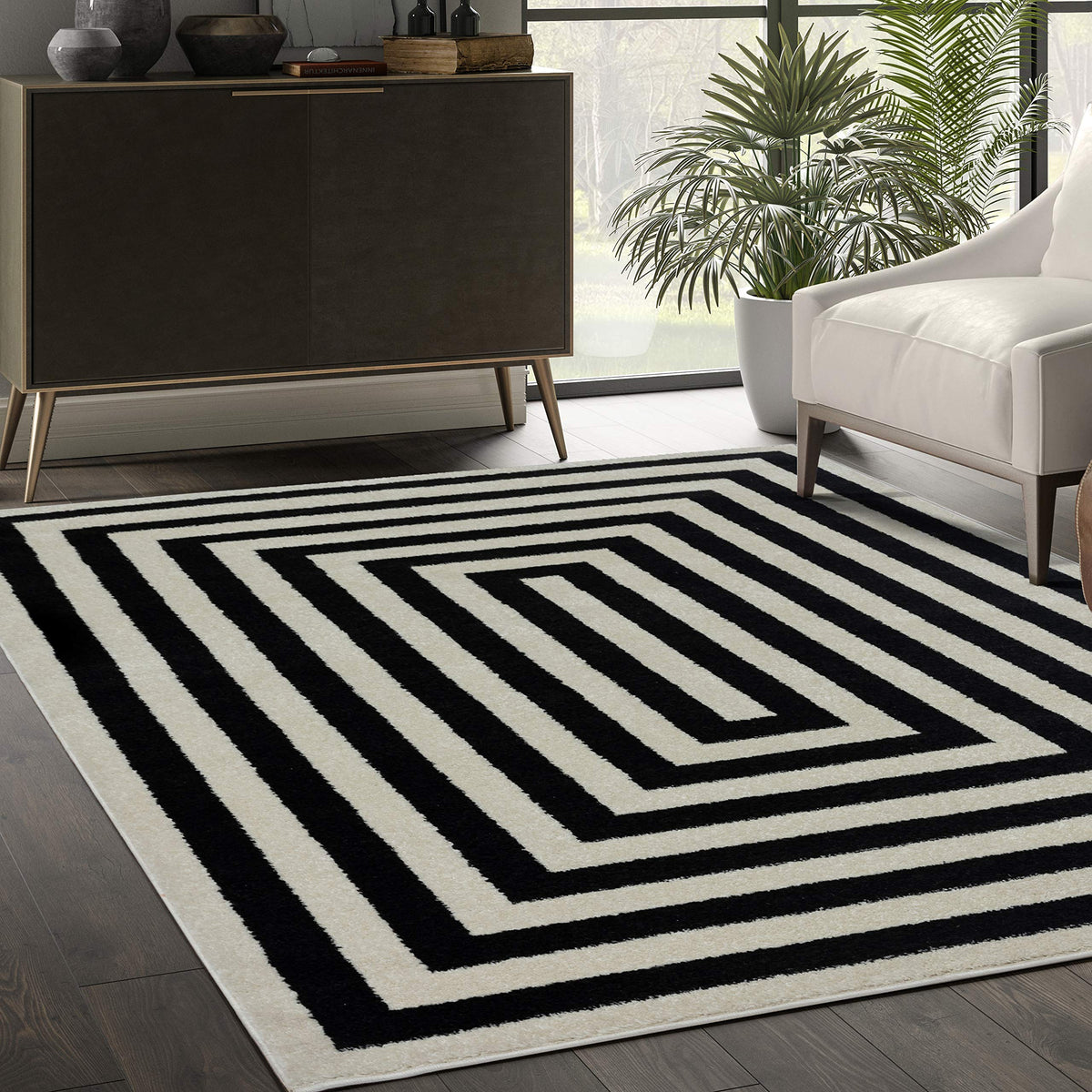 Casa CAS120A Contemporary Black and Ivory Rectangular Area Rug by Abani – 8'11" x 12' (Rectangular), Polypropylene, Ivory, Model CAS120-parent