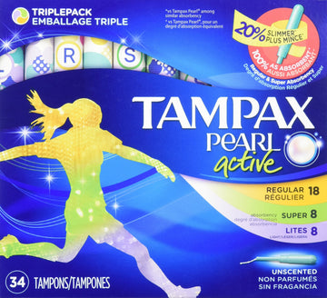 Pearl Active Tampons with Plastic Applicator Triple LightRegularSuper Absorbency Unscented by Tampax – 34 Count (Pack of 1), Plastic, Multicolor, Model 779482