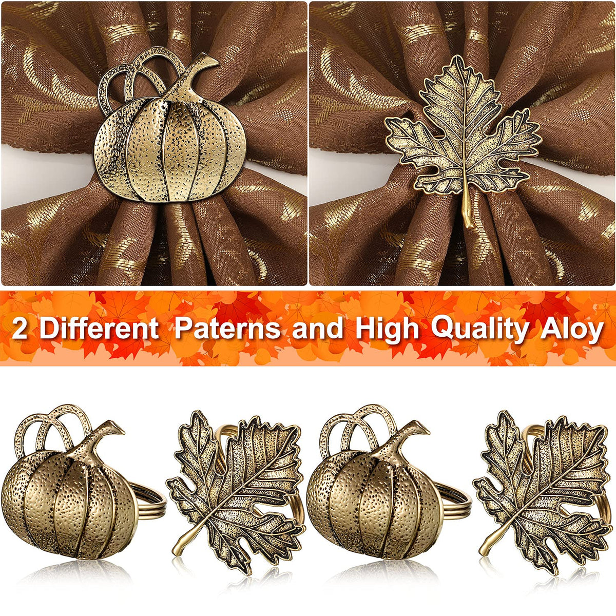 Patelai Napkin Rings, 12 Pack Metal, Bronze Maple Leaf Pumpkin