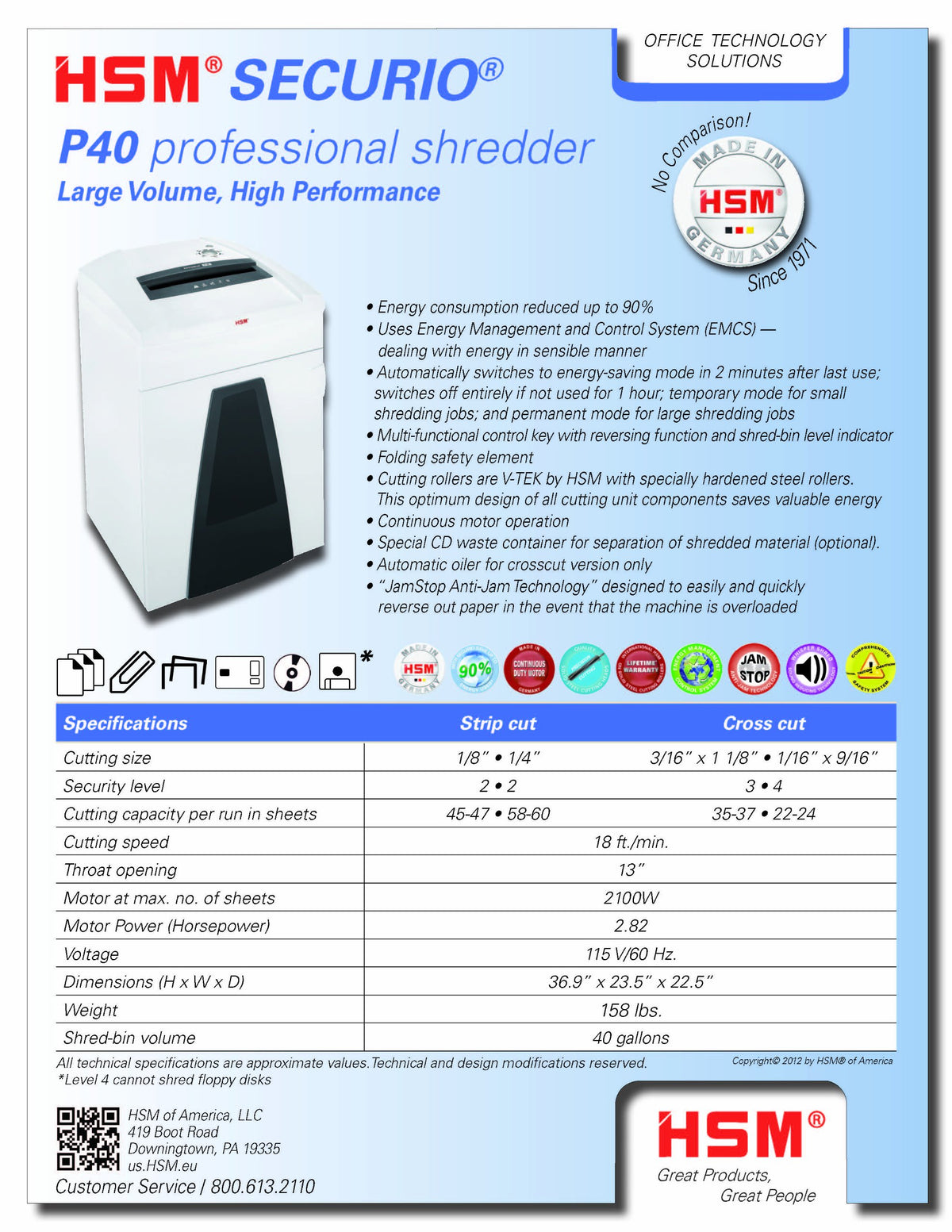 SECURIO P40s 1/4-Inch by HSM – 40.0 gallons, White, Model HSM1881