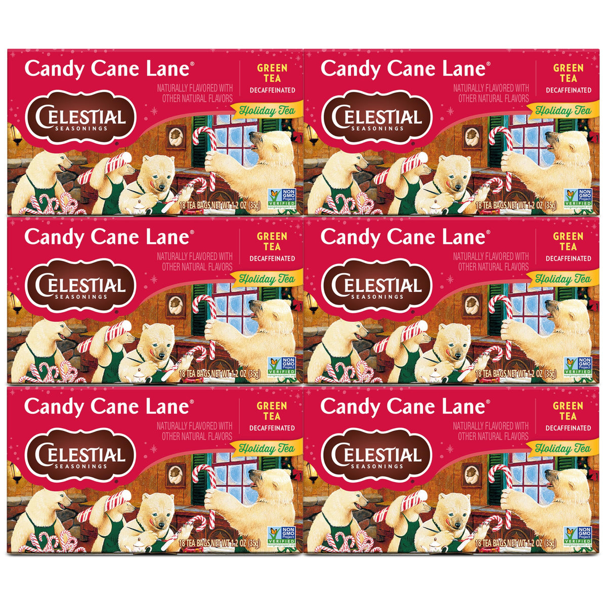 Celestial Seasonings Candy Cane Lane / 18 Count (Pack of 6) / Candy Cane Lane Decaf Tea Samplers