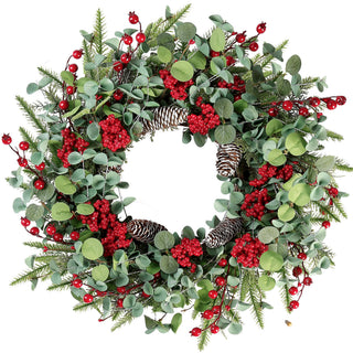 Sggvecsy Artificial Christmas Wreath, 22 Inch Diameter, Red Berry with Pine Cones