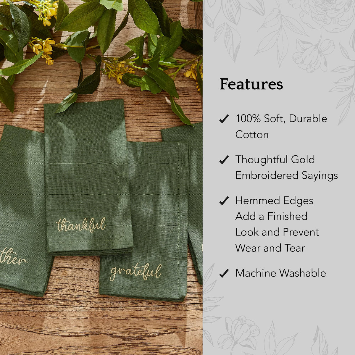 Threadmade Embroidered Harvest Napkins, 17 x 17 Inch, Set of 4 Green