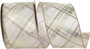 Reliant Ribbon Plaid Twill Printed Metallic Wired Edge, Ivory/Gold, 2-1/2 Inch, 10 Yards