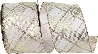 Reliant Ribbon Plaid Twill Printed Metallic Wired Edge, Ivory/Gold, 2-1/2 Inch, 10 Yards