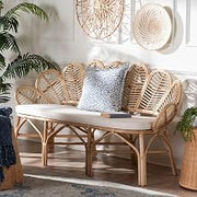 Bali & pari Eliava Natural Rattan Accent Bench with Removable Cushion – Coastal Boho Style Loveseat with Scalloped Fan Back Design for Indoor Living Room or Sunroom Seating, Fully Assembled