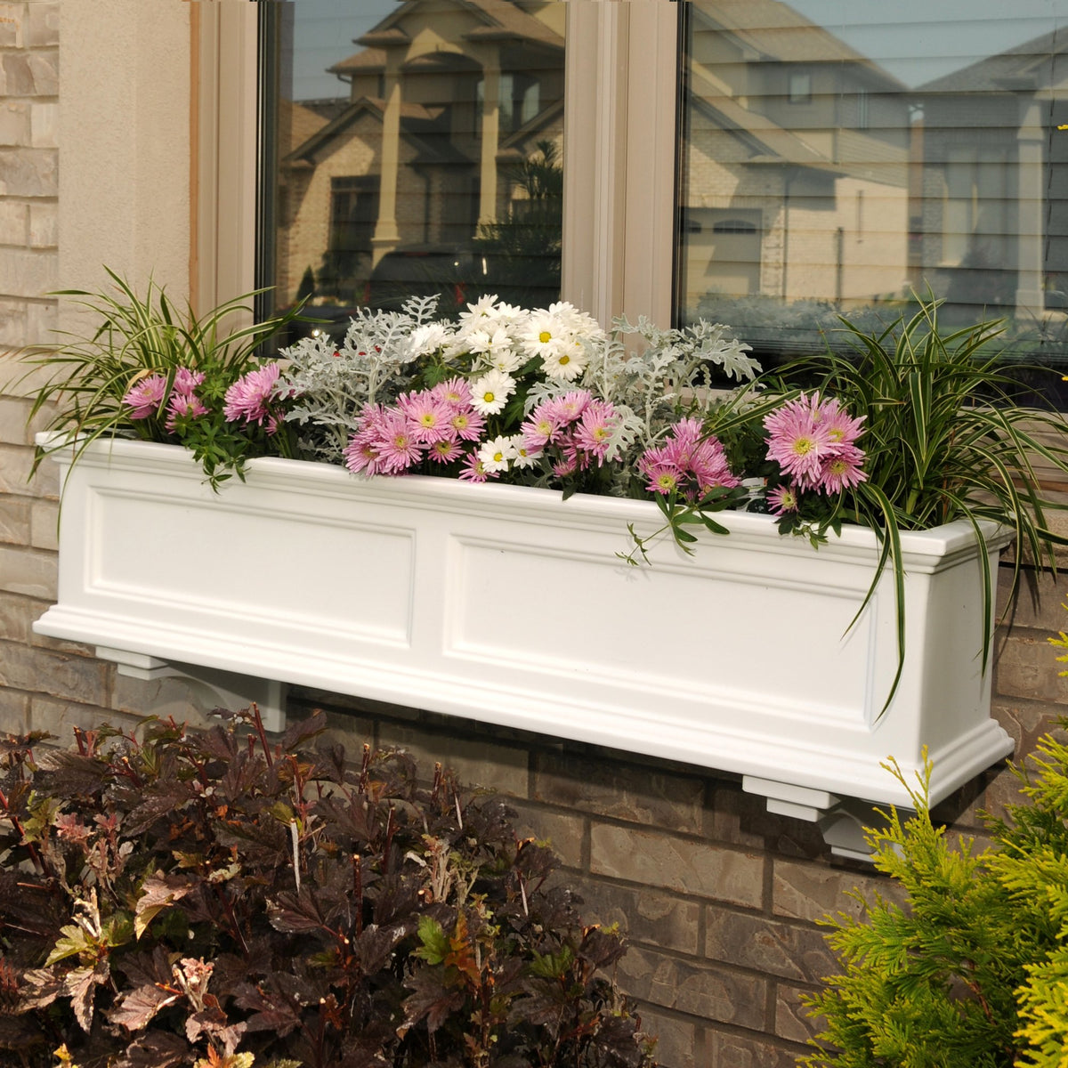 4ft White Durable Self Watering Window Box Planter with Wall Mount Brackets (5823-W) Bundle with Decorative Brackets by Mayne – 4ft, Polyethylene (PE), White, Model Fairfield