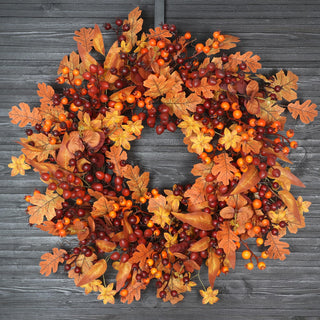 BHHDA Autumn Wreath, 24 Inch Berry Maple Leaf, Fall Decor